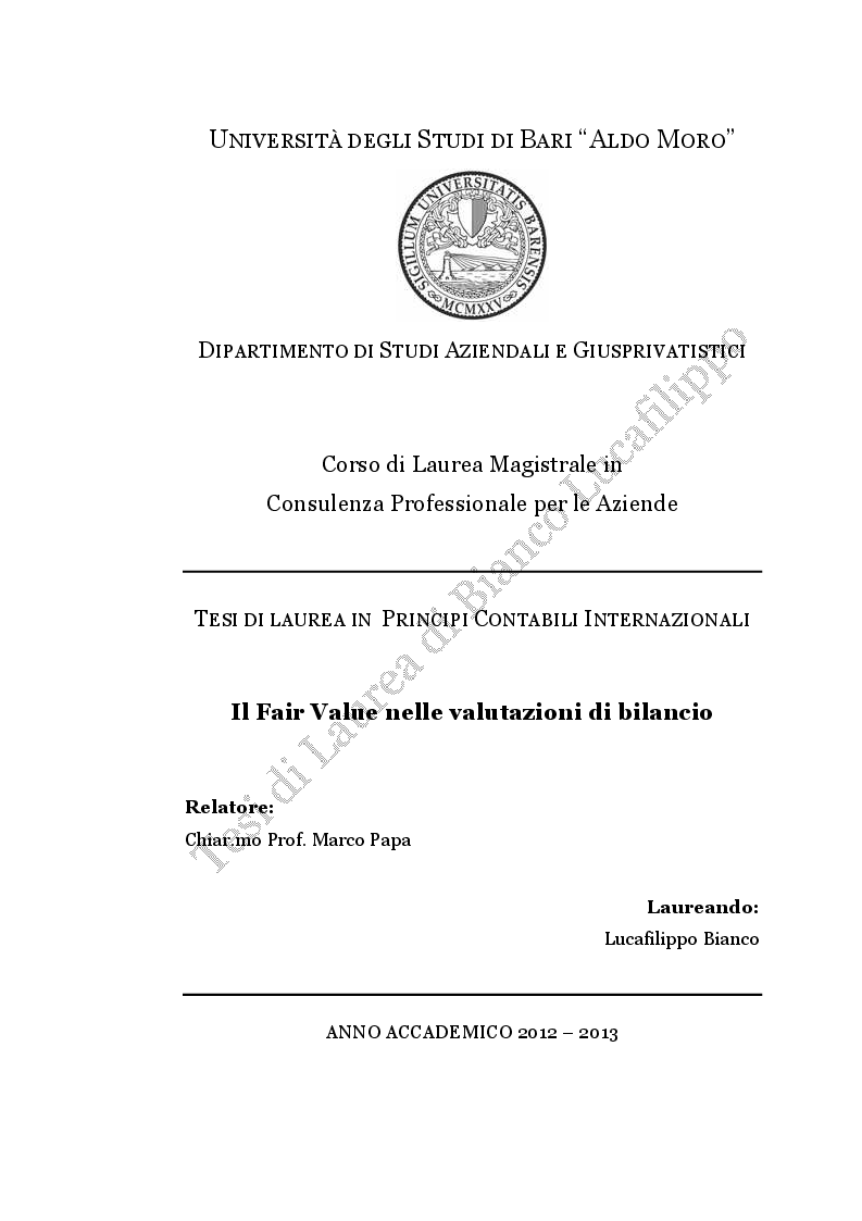 Anteprima della tesi: Il Fair Value nelle valutazioni di bilancio, Pagina 1