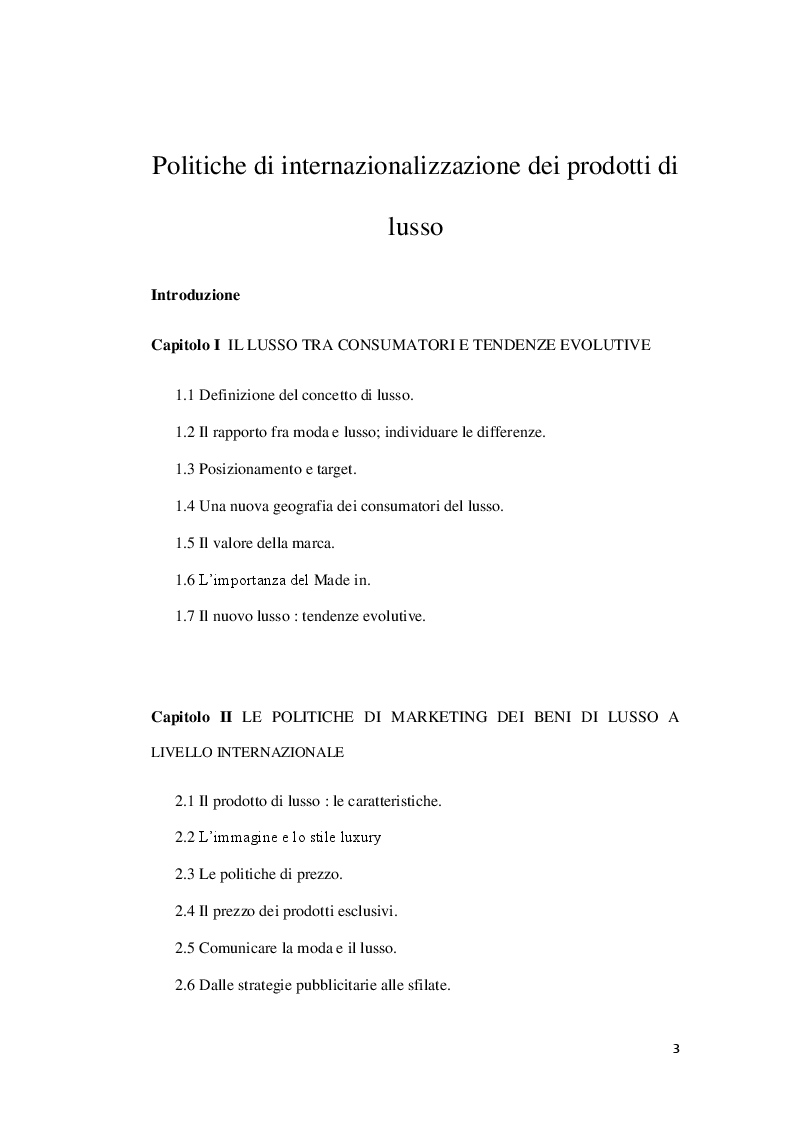 Indice della tesi: Politiche di internazionalizzazione dei prodotti di lusso, Pagina 1