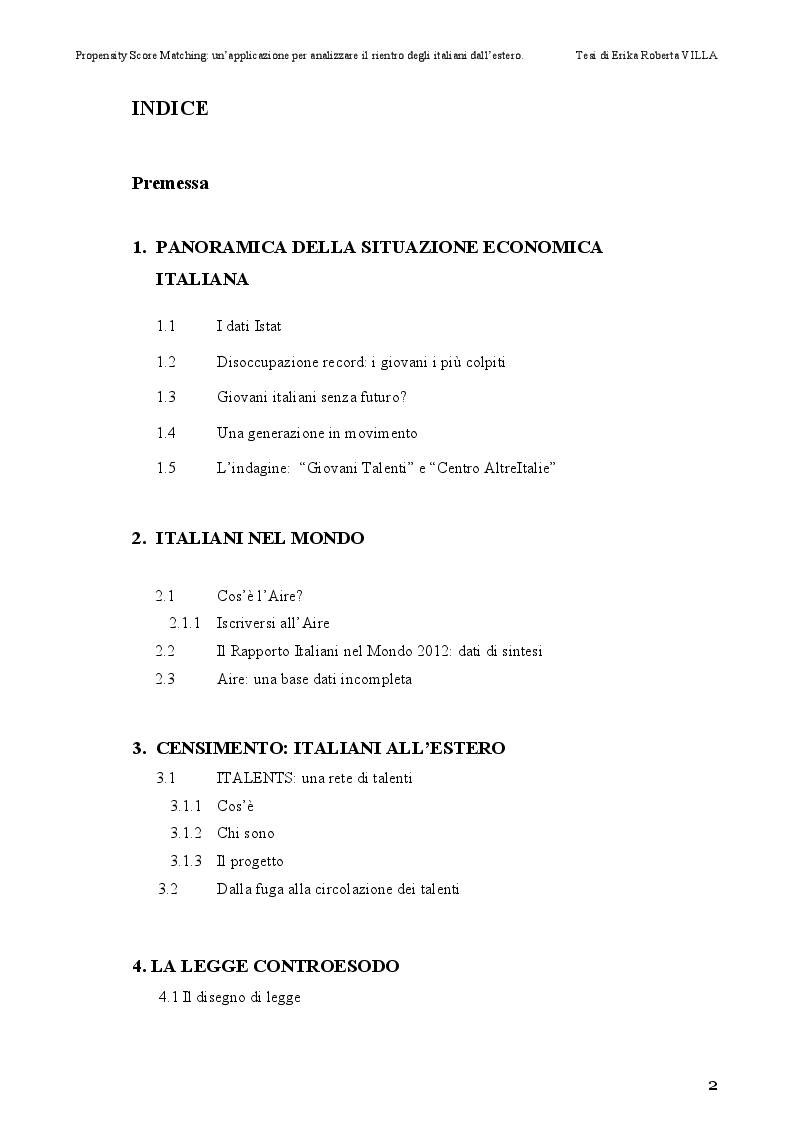 Indice della tesi: Propensity Score Matching: Un'Applicazione per Analizzare il Rientro degli Italiani dall'Estero, Pagina 1
