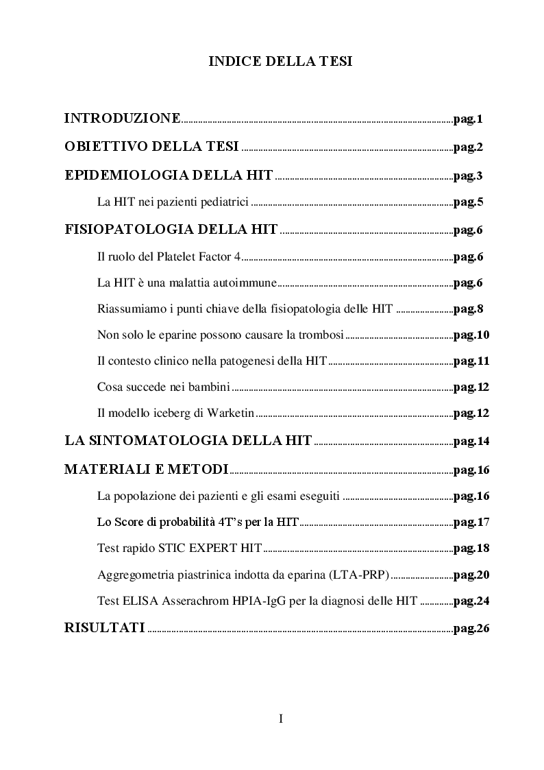 Indice della tesi: Da un’esperienza francese la proposta di una nuova strategia diagnostica per la Trombocitopenia indotta da Eparina (HIT), Pagina 1