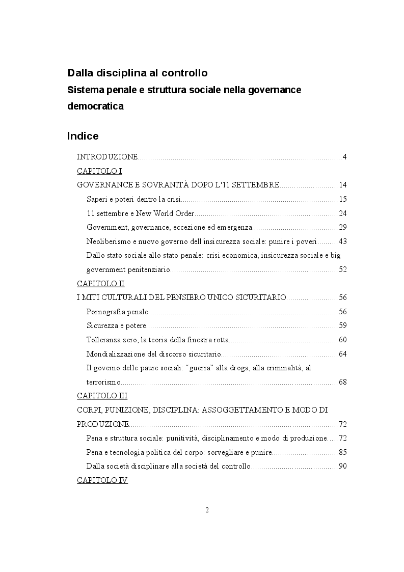 Indice della tesi: Dalla disciplina al controllo. Sistema penale e struttura sociale nella governance democratica, Pagina 1