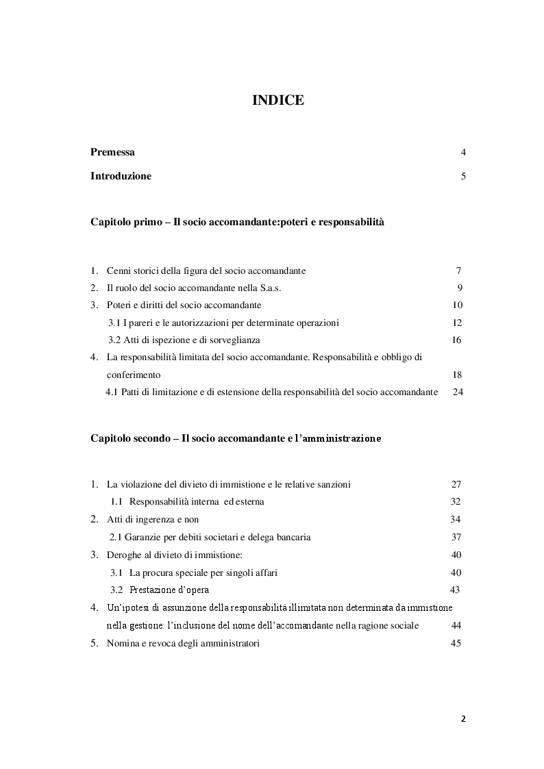 Indice della tesi: L'accomandante di società in accomandita semplice, Pagina 1