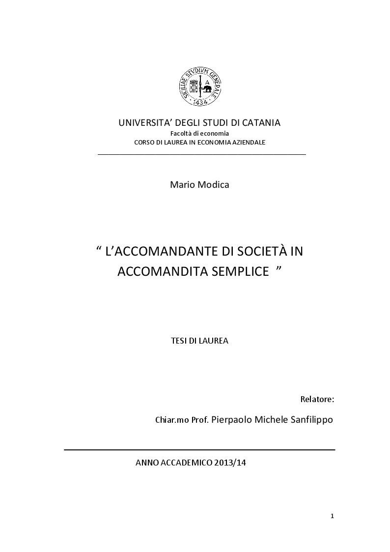 Anteprima della tesi: L'accomandante di società in accomandita semplice, Pagina 1