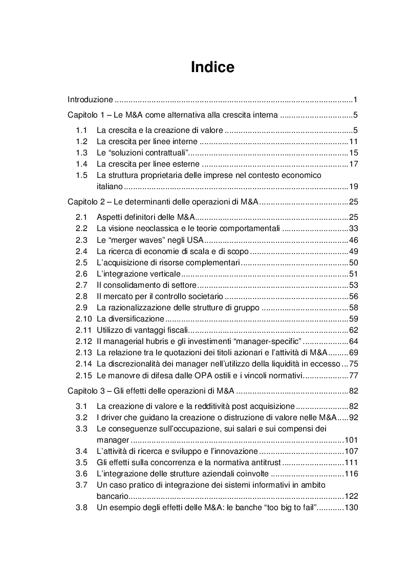 Indice della tesi: Determinanti ed effetti delle M&A, Pagina 1