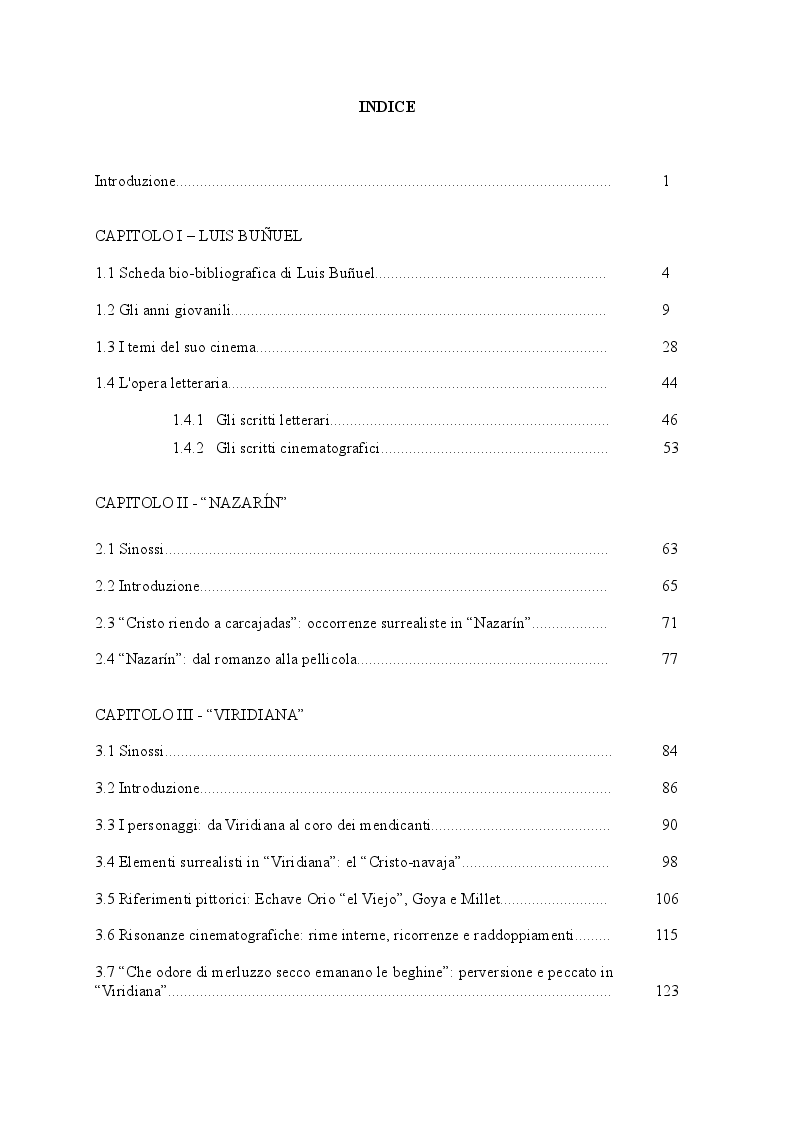 Indice della tesi: Da Benito Pérez Galdós a Luis Buñuel: Nazarín (1958), Viridiana (1961) e Tristana (1970), Pagina 1