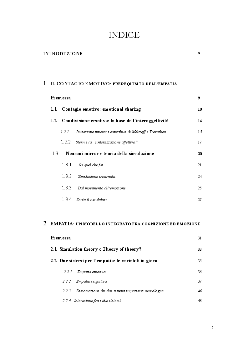 Indice della tesi: Empatia. Ruolo della giunzione temporo-parietale nella distinzione sé/altro, Pagina 1