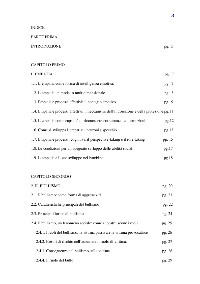 Indice della tesi: Bulli, vittime e spettatori nell'ambito del bullismo: quale relazione con l'empatia?, Pagina 1