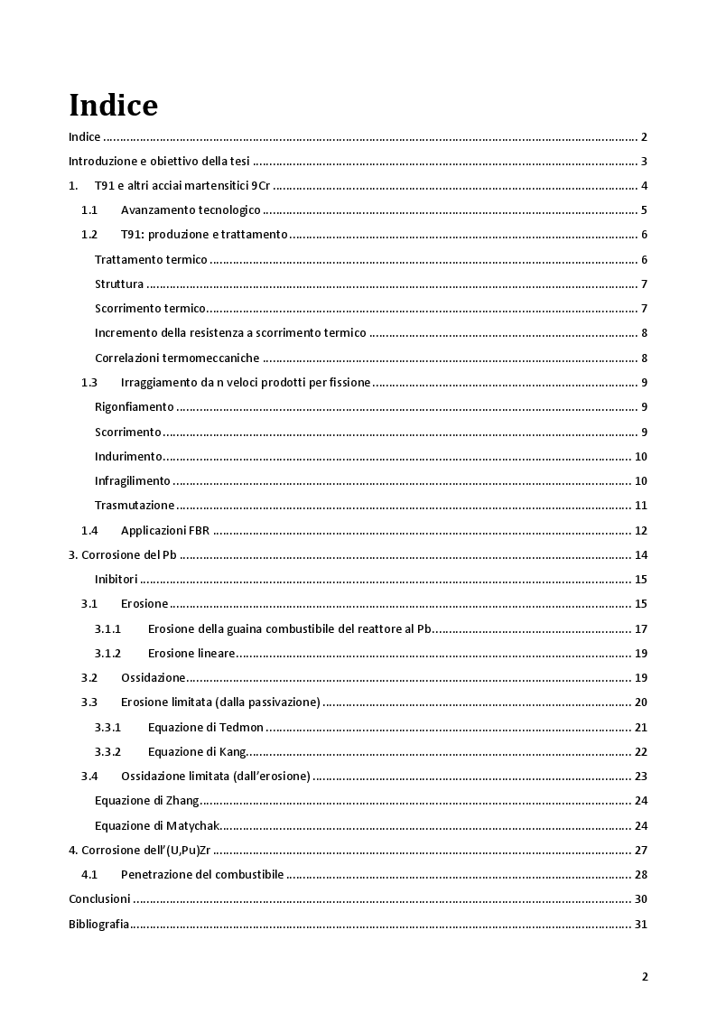 Indice della tesi: Modellazione della corrosione in piombo fluente dell'acciaio T91 rivestito, Pagina 1