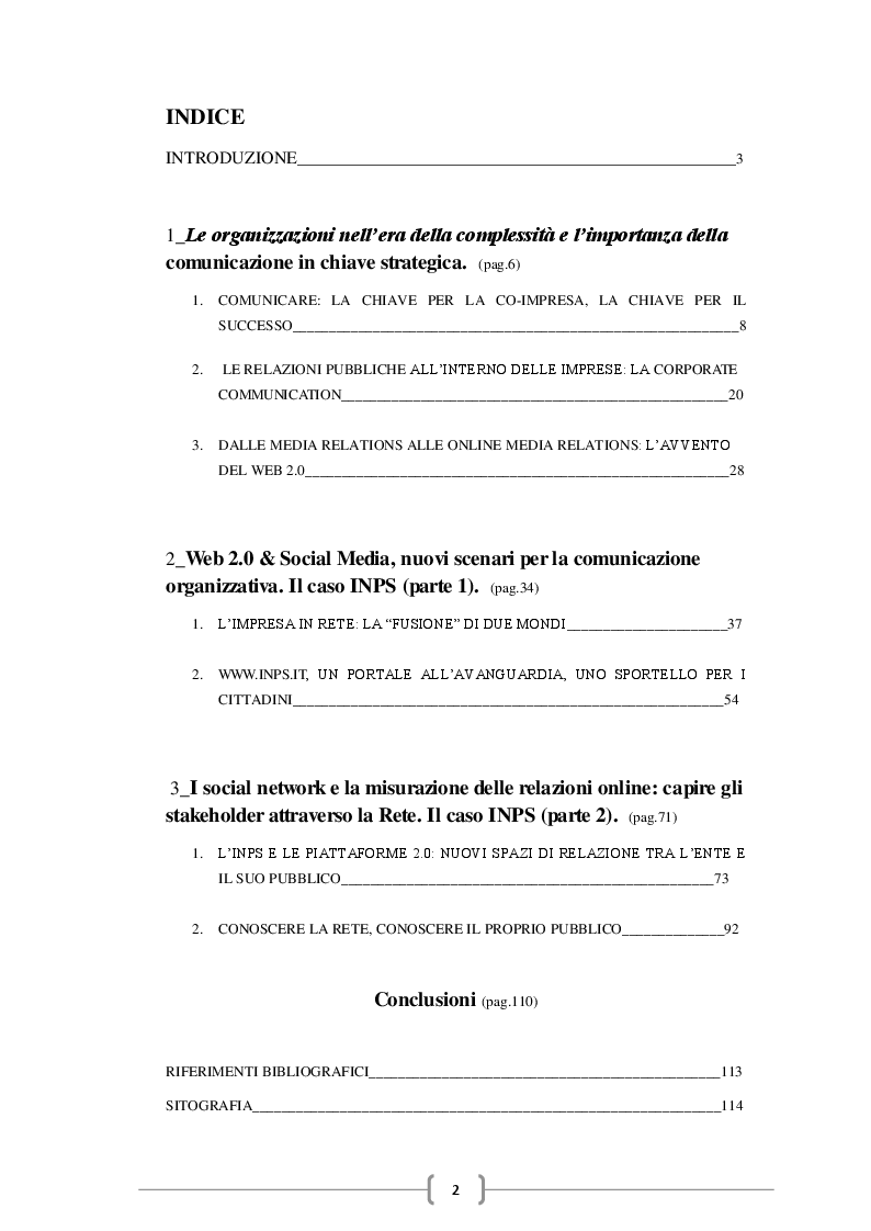 Indice della tesi: Le organizzazioni 2.0 tra Corporate Communication e Social Media, nuove dinamiche nelle relazioni con gli stakeholder: il caso INPS., Pagina 1