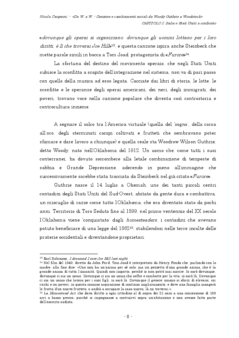 Estratto dalla tesi: DA W. A W. Canzone e cambiamenti sociali da Woody Guthrie a Woodstock