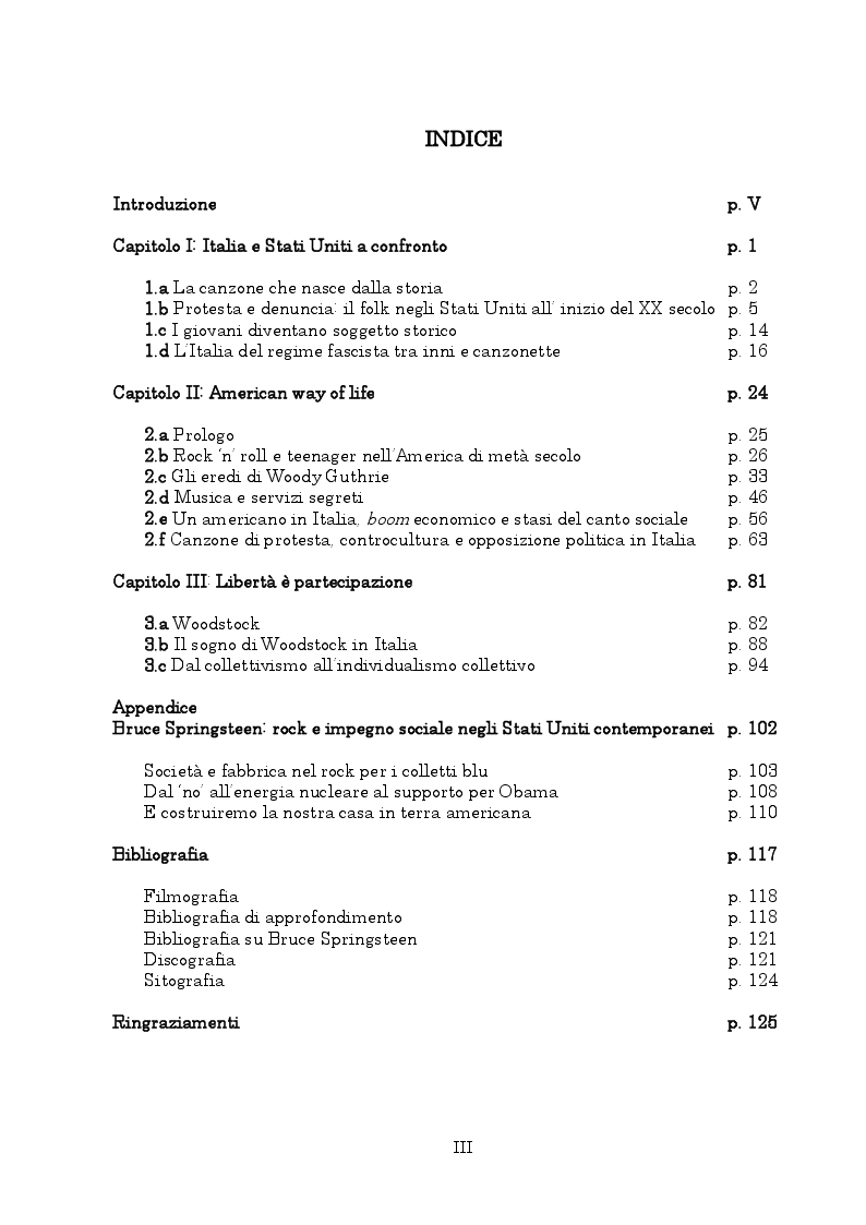 Indice della tesi: DA W. A W. Canzone e cambiamenti sociali da Woody Guthrie a Woodstock, Pagina 1