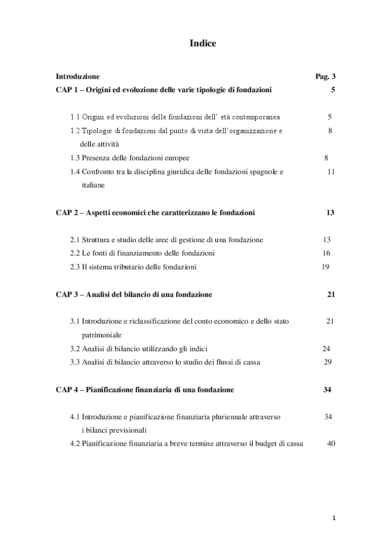 Indice della tesi: Analisi e pianificazione finanziaria di una fondazione, Pagina 1