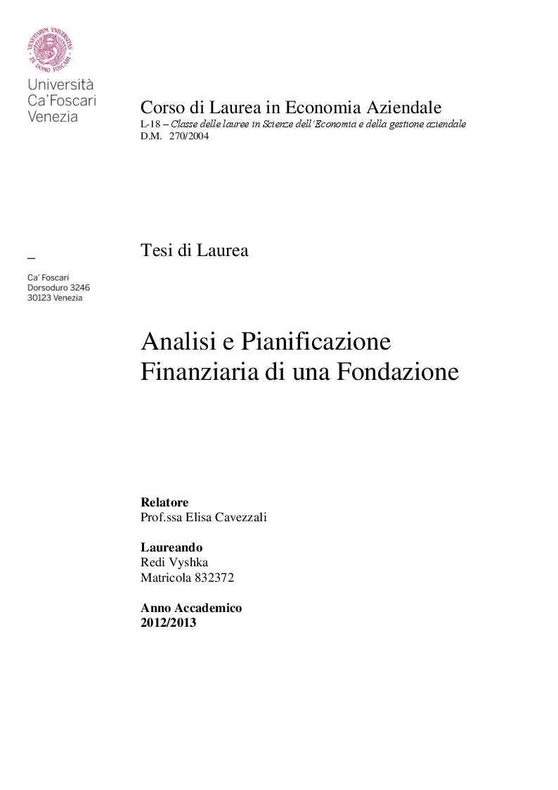 Anteprima della tesi: Analisi e pianificazione finanziaria di una fondazione, Pagina 1