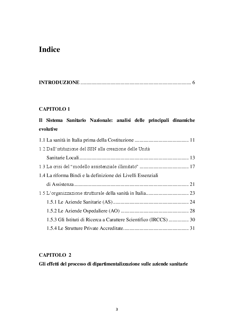 Indice della tesi: L'organizzazione dei servizi di salute mentale a valle del processo di aziendalizzazione, Pagina 1