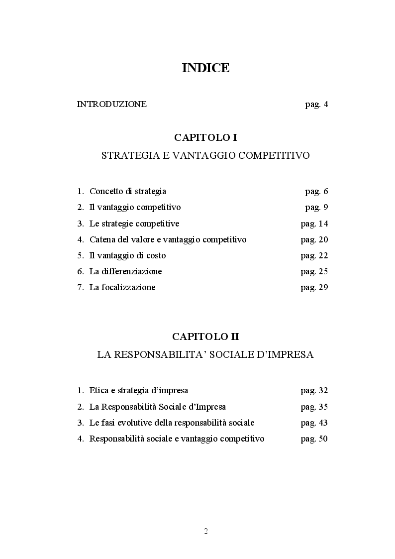 Indice della tesi: Vantaggi Competitivi e Responsabilità Sociale d'Impresa, Pagina 1