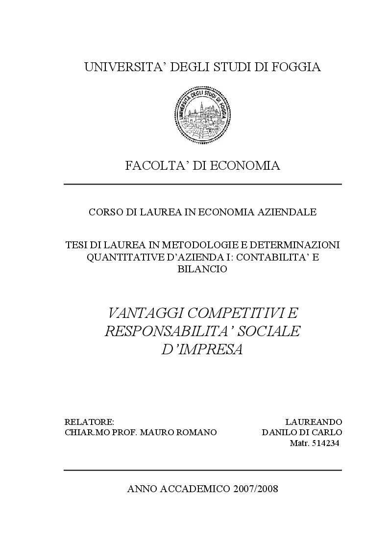 Anteprima della tesi: Vantaggi Competitivi e Responsabilità Sociale d'Impresa, Pagina 1