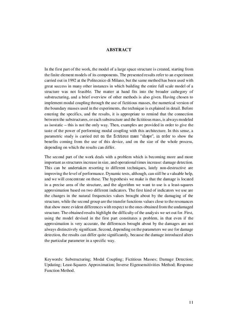 Estratto dalla tesi: Damage Detection of a large space structure using a model obtained by Modal Coupling