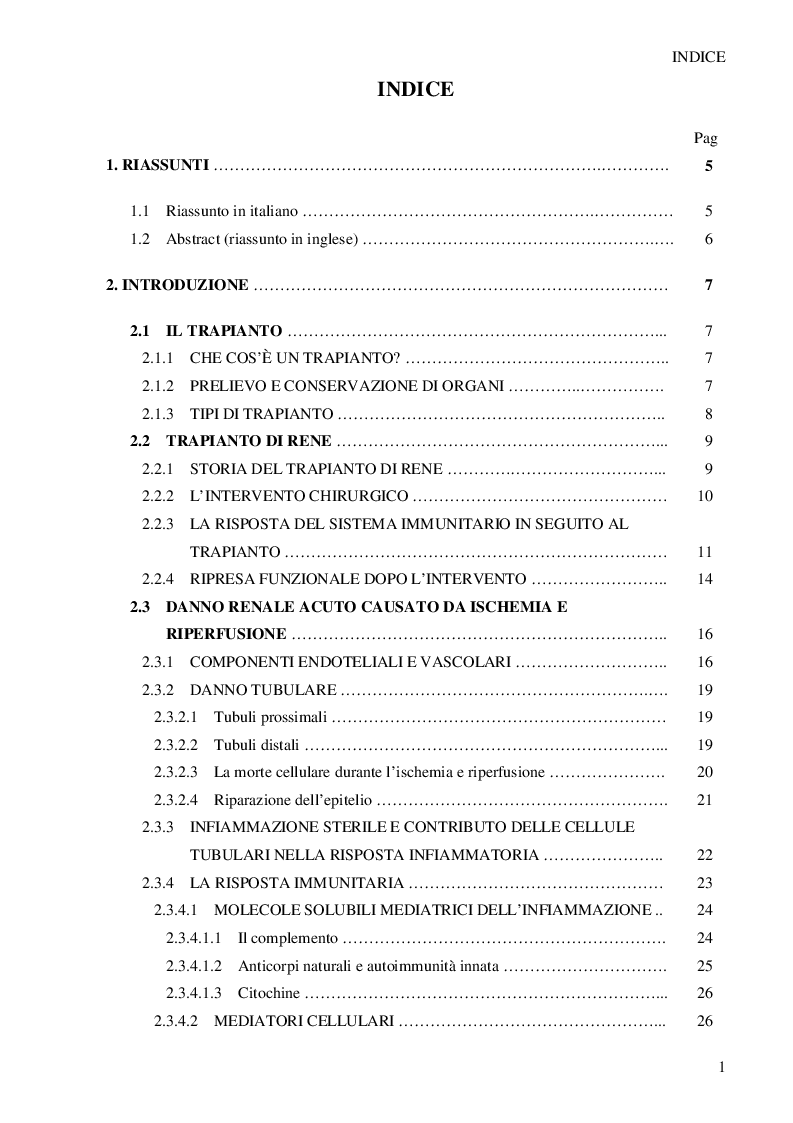 Indice della tesi: TIR8, un membro dei Toll/IL-1Receptors, modula il danno da ischemia e riperfusione nel trapianto di rene, inibendo l’espansione dei leucociti residenti, Pagina 1