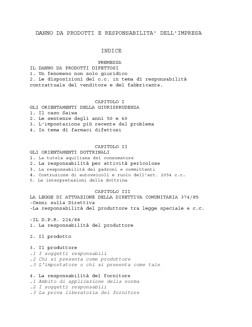 Indice della tesi: Danno da prodotto e responsabilità dell'impresa, Pagina 1
