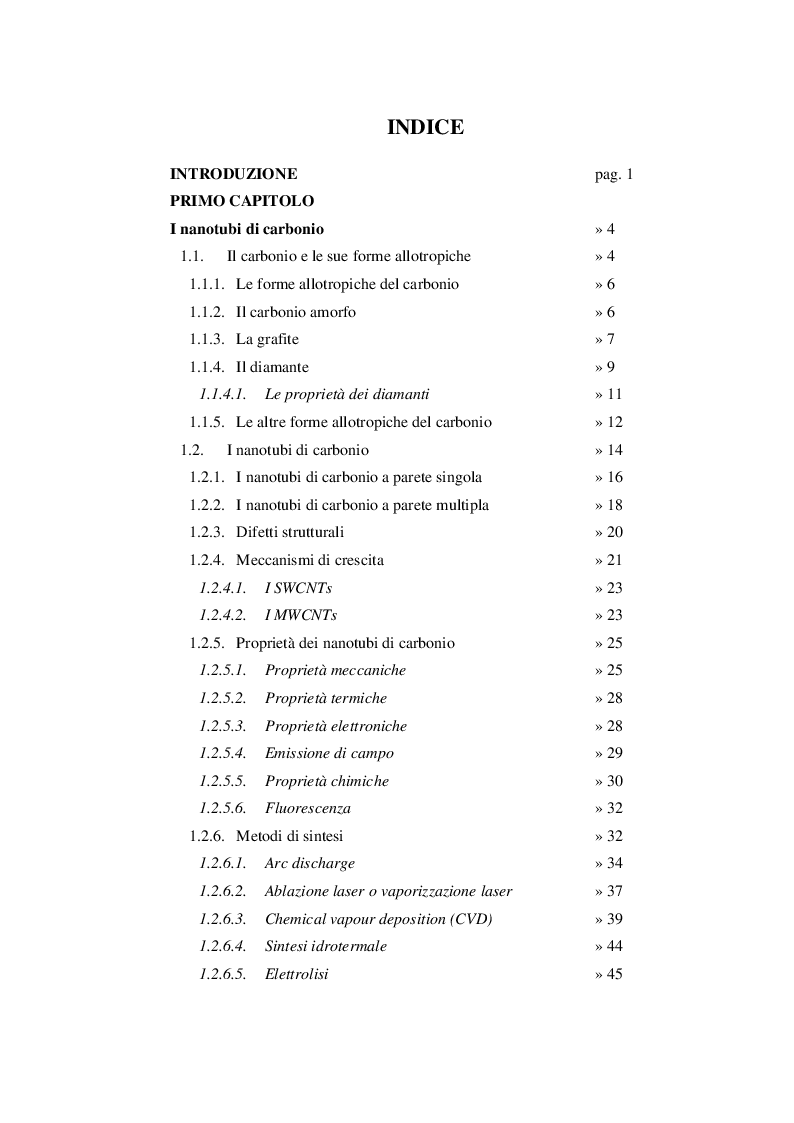 Indice della tesi: Adsorbimento di coloranti azotati da acque di scarico industriale mediante nanotubi di carbonio, Pagina 1
