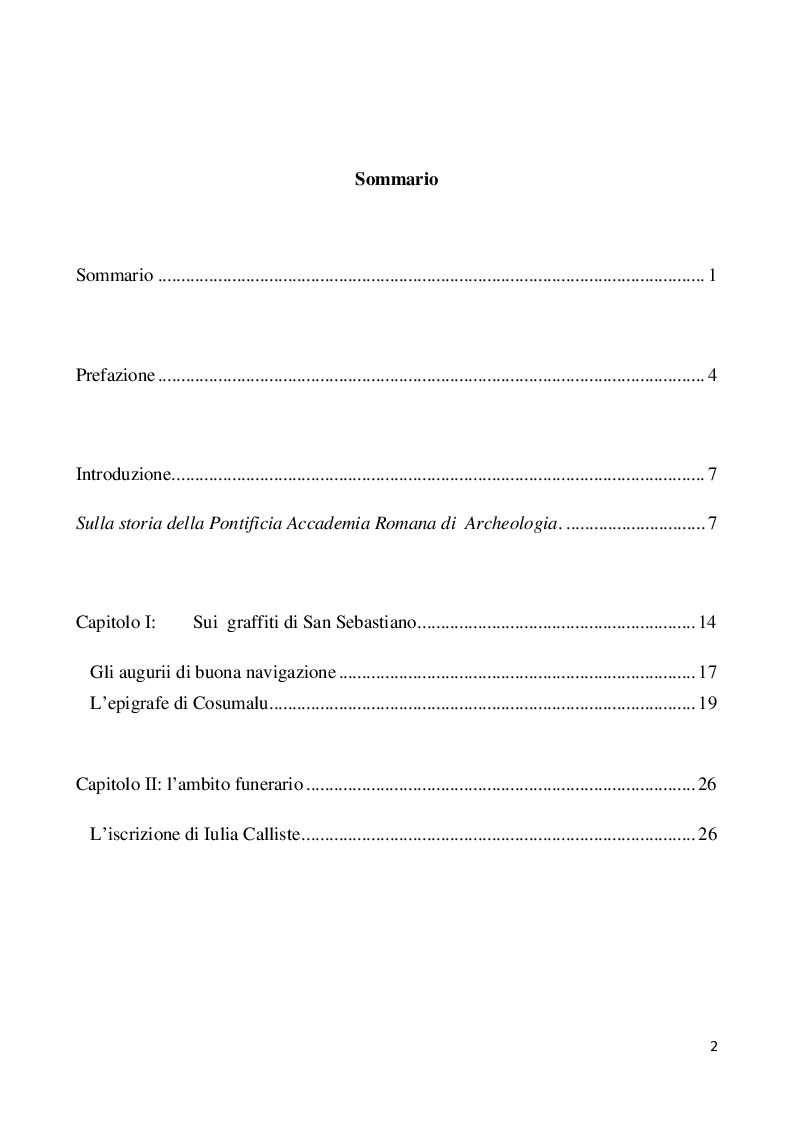 Indice della tesi: Per una Storia degli Studi di Epigrafia Cristiana attraverso i Rendiconti della Pontificia Accademia Romana di Archeologia, dal 1923 al 2006., Pagina 1
