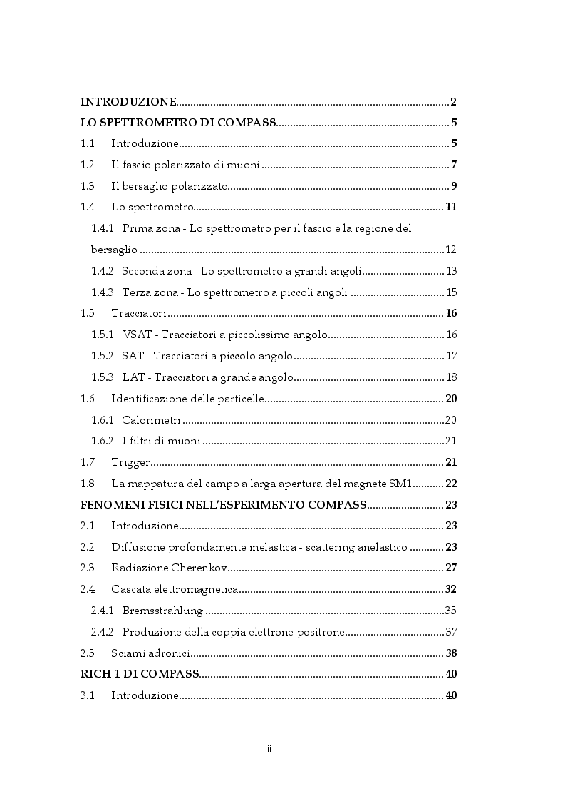 Indice della tesi: Progettazione e costruzione di un dispositivo ultraleggero per la regione ad alta ionizzazione del rilevatore rich-1 dell'esperimento Compass, Pagina 1
