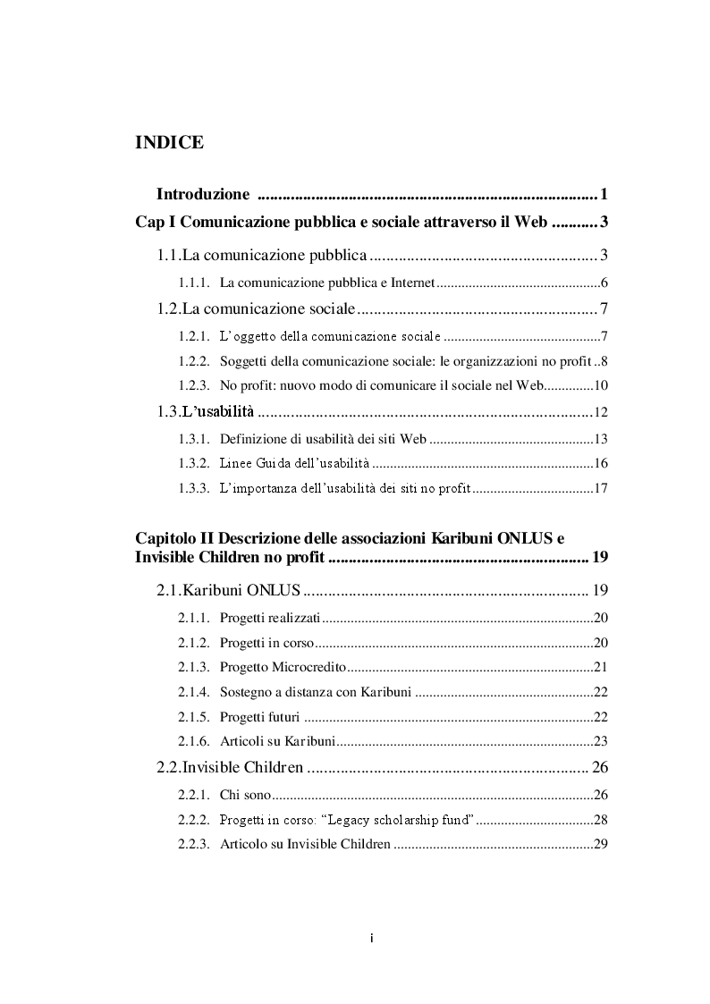 Indice della tesi: I bambini africani e il web: analisi dei siti Karibuni onlus e Invisible Children no profit, Pagina 1