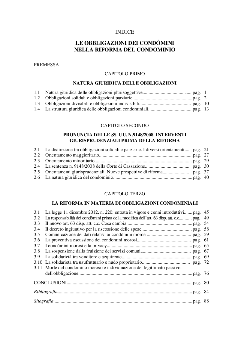 Indice della tesi: Le obbligazioni dei condòmini nella riforma del condominio, Pagina 1