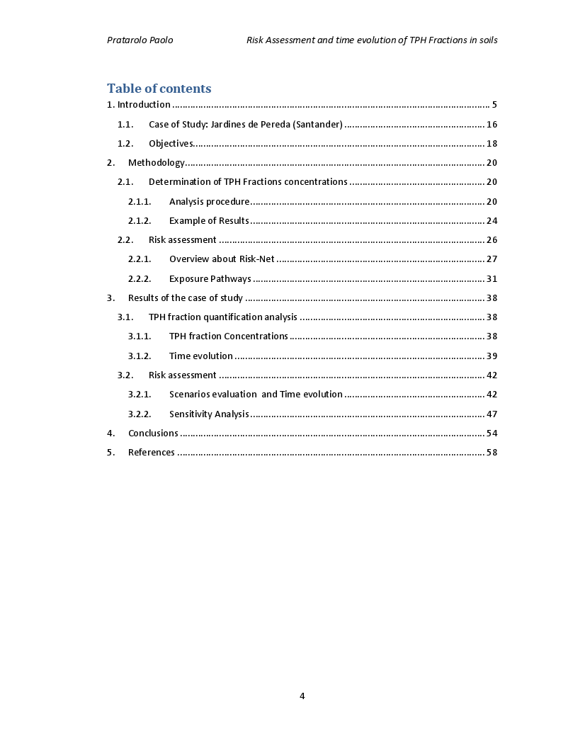 Indice della tesi: Risk Assessment and time evolution of Total Petroleum Hydrocarbons (TPH) Fractions in soils, Pagina 1
