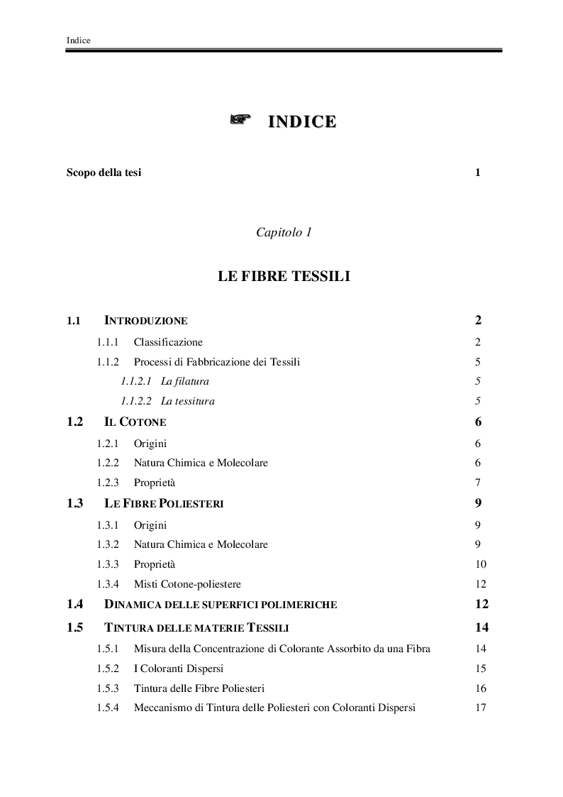 Indice della tesi: Modifiche Superficiali di Tessili mediante Trattamenti a Plasma, Pagina 1