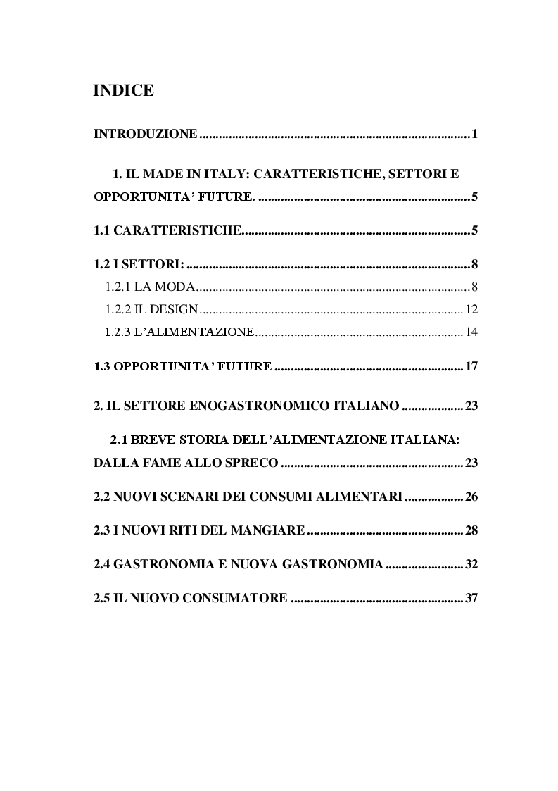Indice della tesi: Il Made in Italy e il settore alimentare: l'eccellenza italiana nel mondo attraverso il caso ''Barilla'', Pagina 1