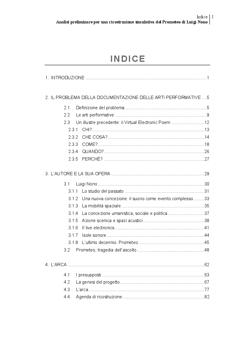 Indice della tesi: Analisi preliminare per una ricostruzione simulativa del Prometeo di Luigi Nono, Pagina 1