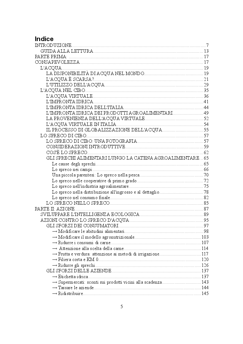 Indice della tesi: L'acqua che sprechiamo. Consapevolezza e azione, Pagina 1