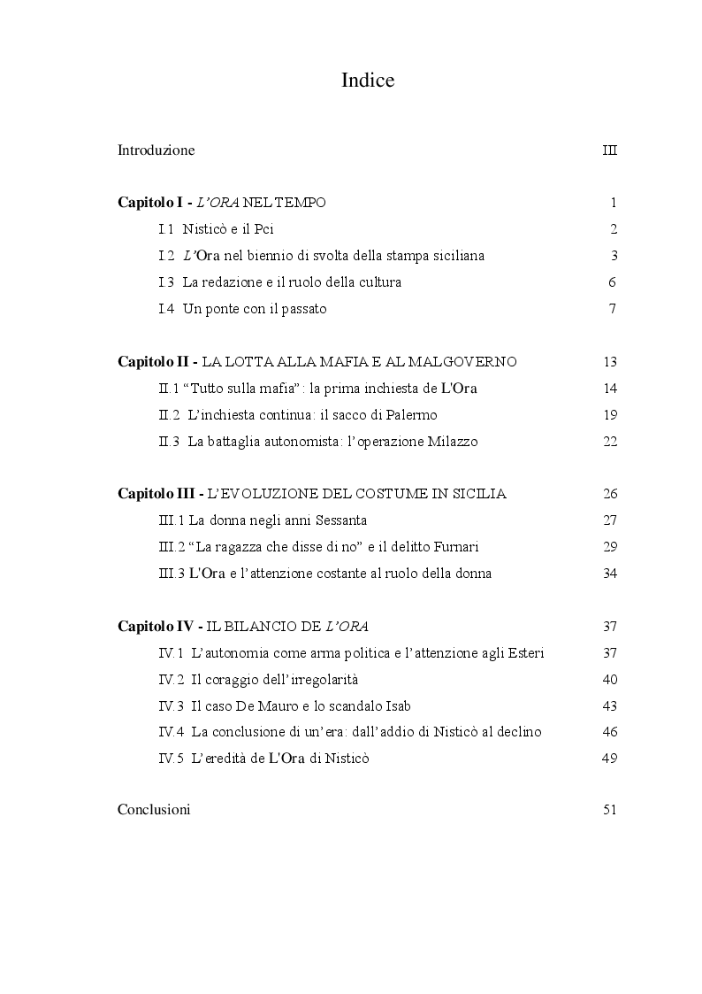 Indice della tesi: ''L'Ora'' di Nisticò, Pagina 1