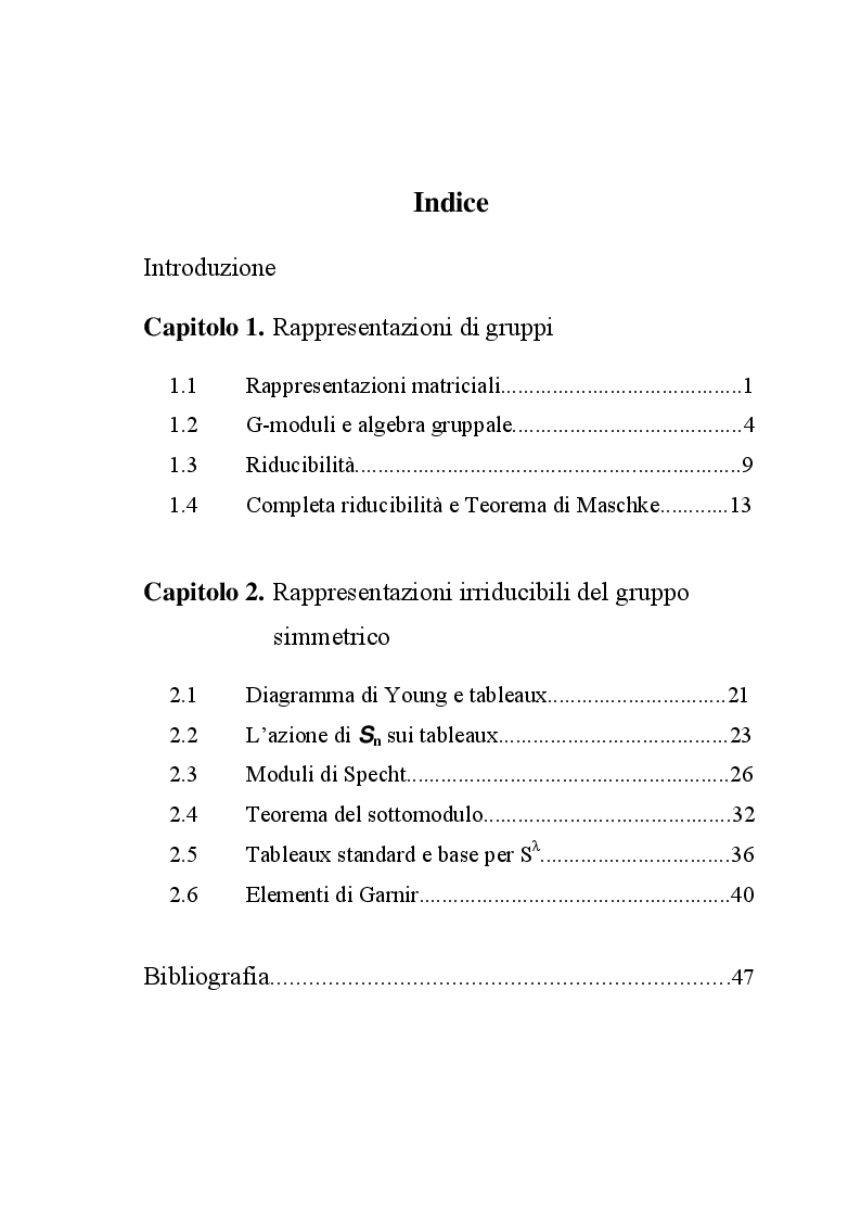 Indice della tesi: Rappresentazioni irriducibili del gruppo simmetrico, Pagina 1