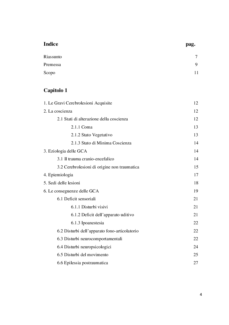 Indice della tesi: Integrazione di tecniche cognitivo-comportamentali e stimolazioni sensoriali nel trattamento dei pazienti in stato vegetativo o in stato di minima responsività, Pagina 1