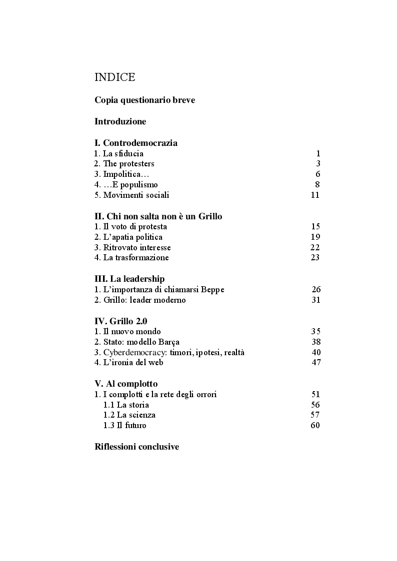 Indice della tesi: La politica dei movimenti ed il potere orizzontale della cloud communication: il caso Grillo, Pagina 1