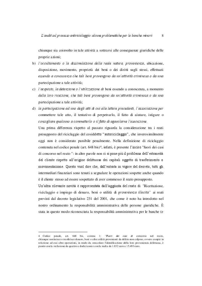 Estratto dalla tesi: L'Audit sul processo antiriciclaggio: alcune problematiche per le banche minori