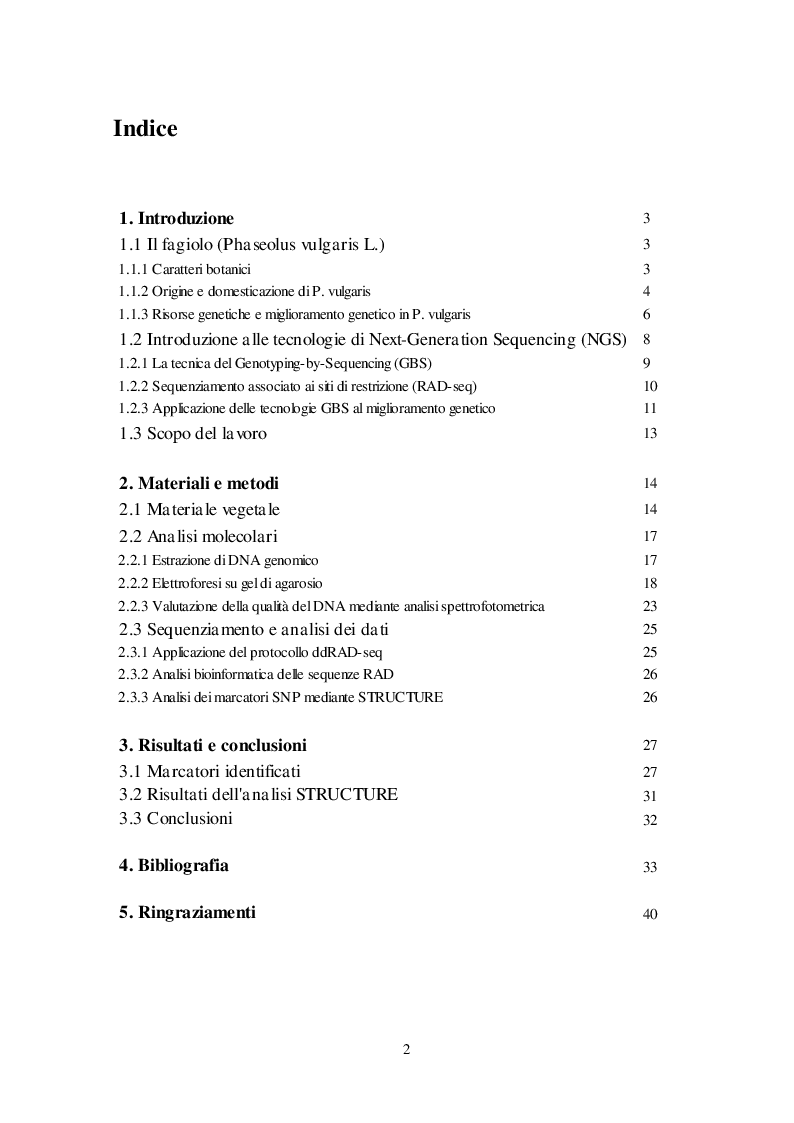 Indice della tesi: Genotipizzazione di accessioni di Phaseolus vulgaris L. mediante tecnologie di next-generation sequencing, Pagina 1