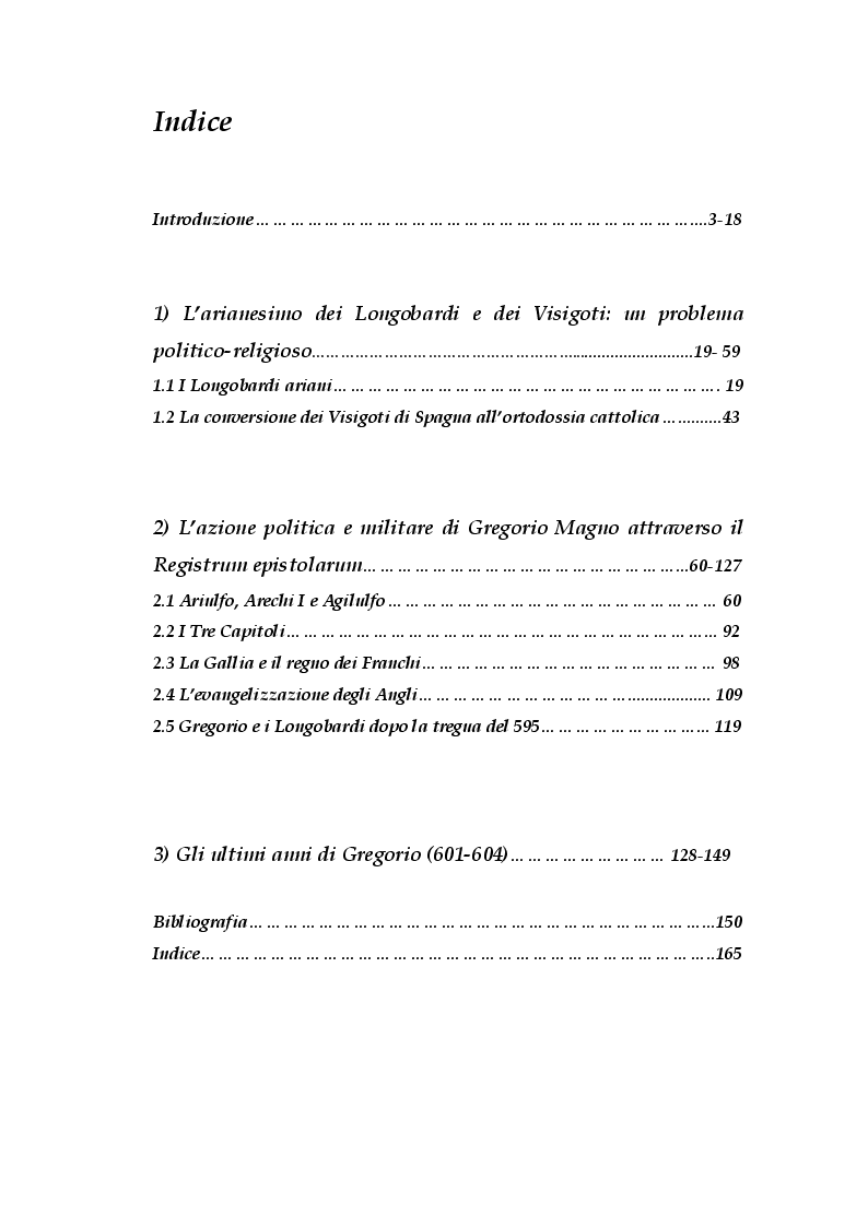 Indice della tesi: Longobardi e Franchi nel Registrum Epistolarum di Gregorio Magno (590-604): analisi della politica di un pontificato Alto Medievale, Pagina 1