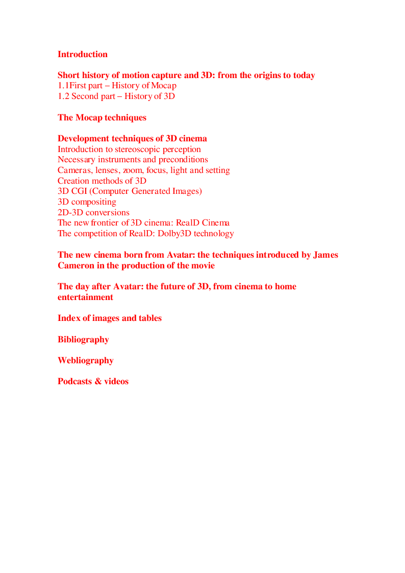 Indice della tesi: The Evolution Of 3D Cinema Techniques Through Avatar, Pagina 1