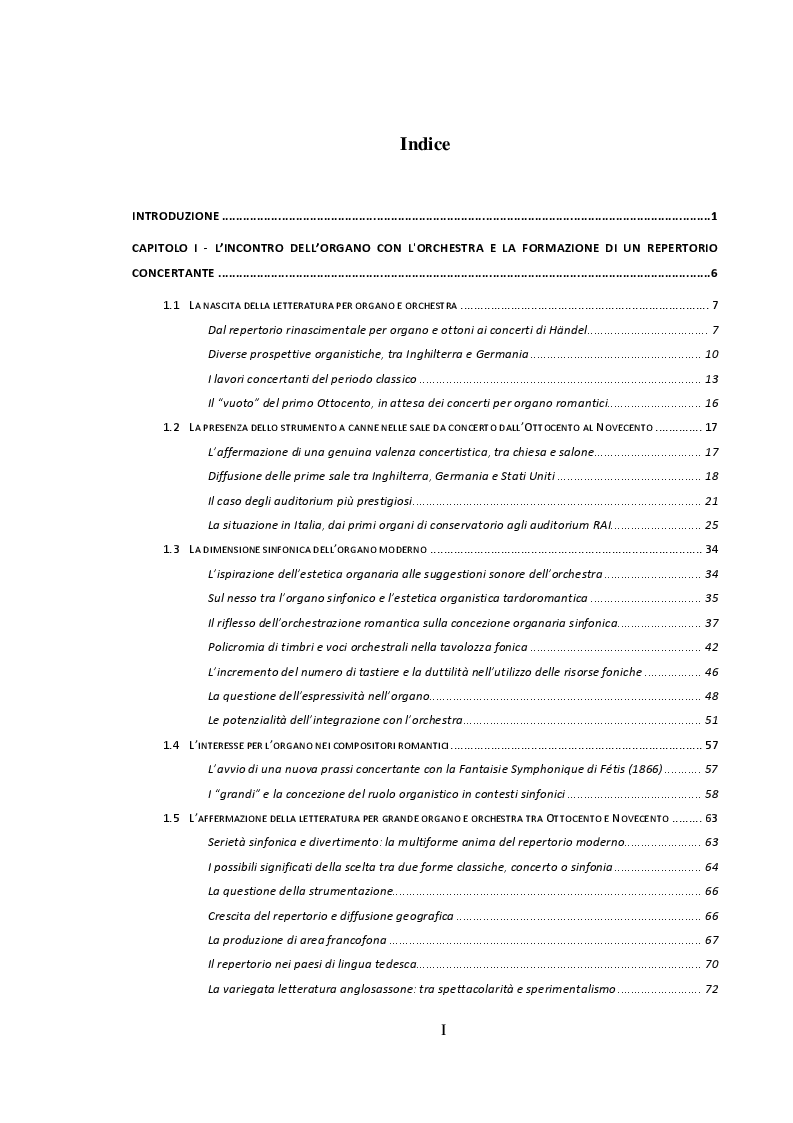 Indice della tesi: La letteratura per organo e orchestra tra Ottocento e Novecento, Pagina 1