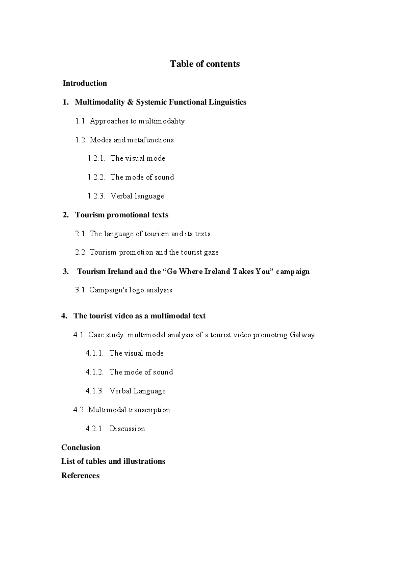 Indice della tesi: "Go Where Ireland Takes You": a multimodal analysis of a tourist video, Pagina 1