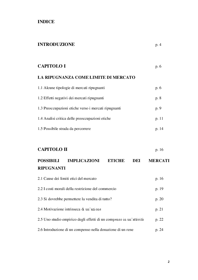 Indice della tesi: I limiti etici del mercato, Pagina 1