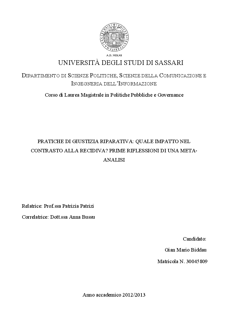 Anteprima della tesi: Pratiche di giustizia riparativa: quale impatto nel contrasto alla recidiva? prime riflessioni di una meta-analisi, Pagina 1