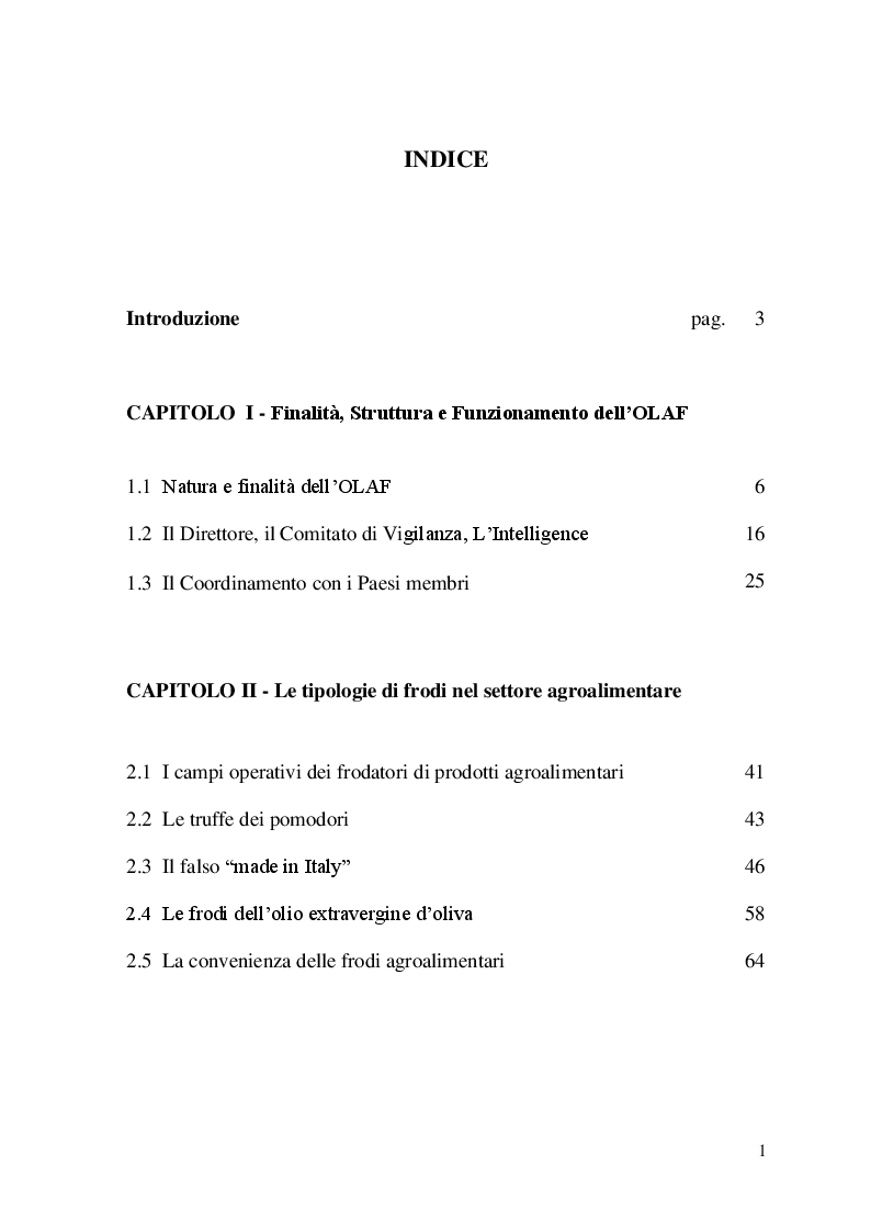 Indice della tesi: L'OLAF (Ufficio europeo per la lotta antifrode) e le frodi agroalimentari, Pagina 1