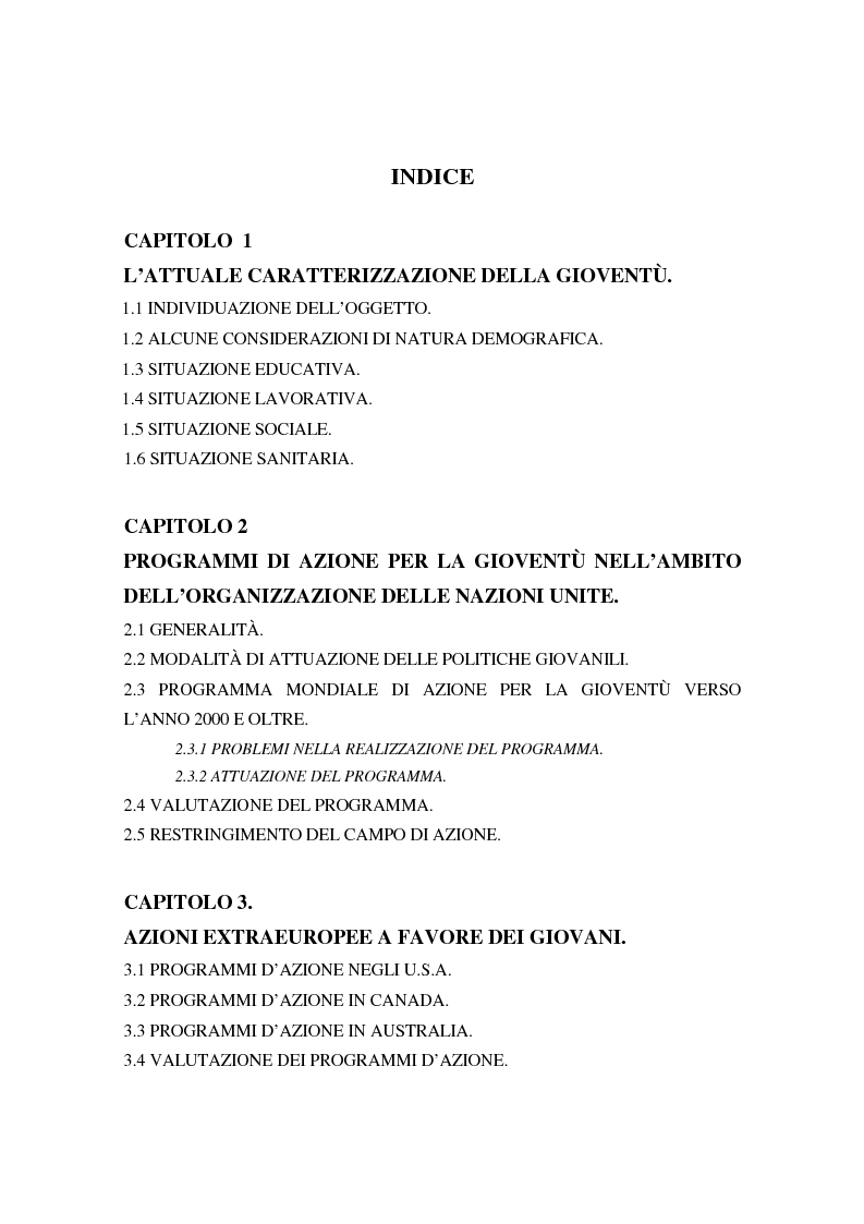Indice della tesi: Genesi e prospettive della politica europea per la gioventù, Pagina 1