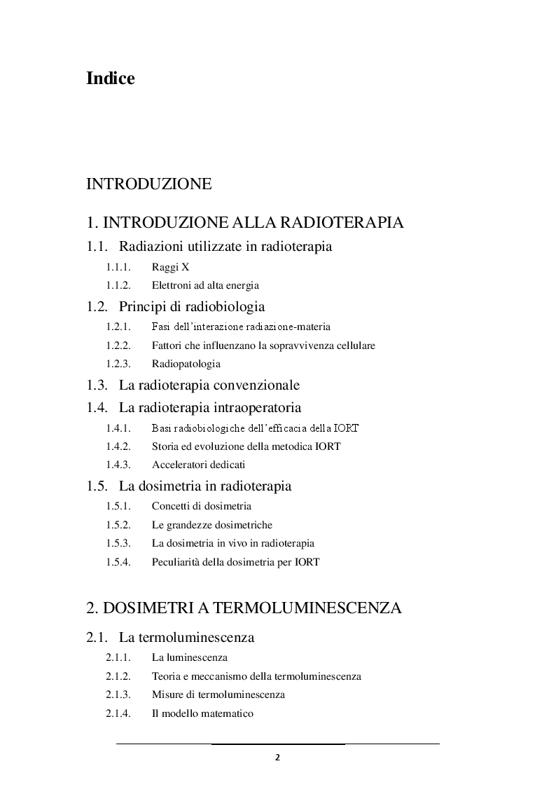 Indice della tesi: Caratterizzazione di dosimetri a termoluminescenza per applicazioni dosimetriche in radioterapia intraoperatoria, Pagina 1