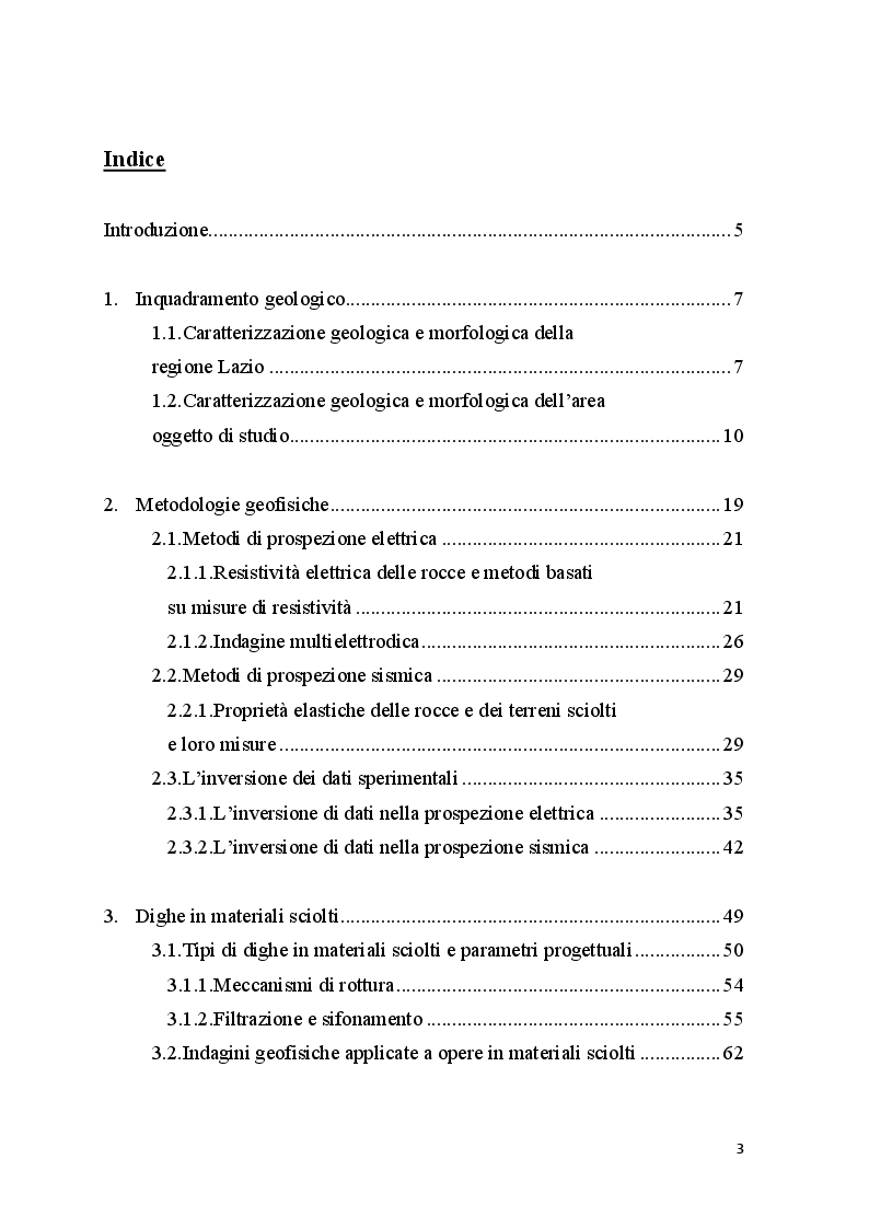 Indice della tesi: Indagini geofisiche integrate finalizzate alla caratterizzazione di una diga in terra: il caso studio della diga di Sterpeto (Civitavecchia, Roma), Pagina 1