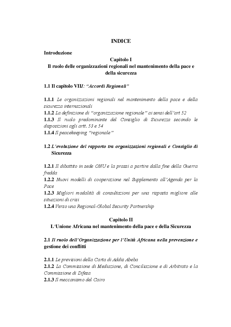 Indice della tesi: La cooperazione tra Unione Africana e Nazioni Unite: la missione ibrida in Darfur, Pagina 1